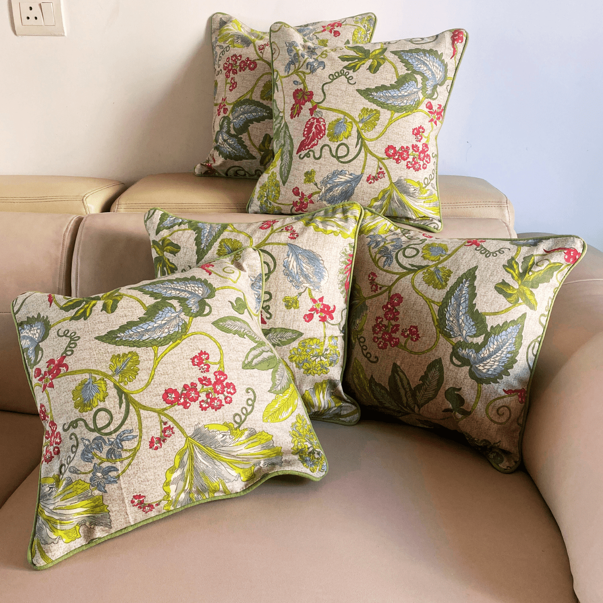 Foliage Printed Cushion Covers, 16" x 16", Pack of 5 - Coral Slub -